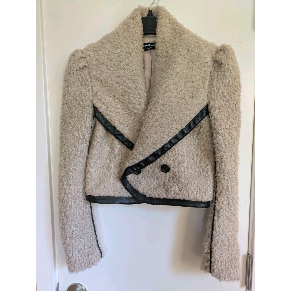 Bebe Wool Faux Leather Kendra Drama Jacket XS Mushroom Boucle Moto
